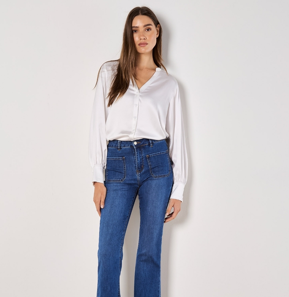 Collarless Satin Blouse with Banded Cuff